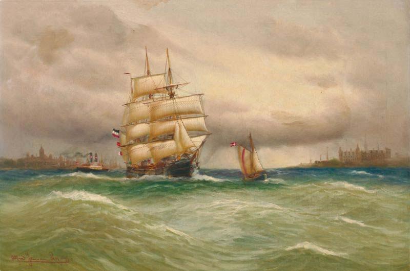 Alfred Jensen Marine mit Segelbooten, im Hintergrund Stadtsilhouette. oil painting image